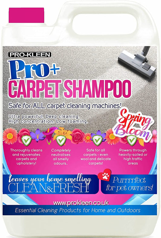 Pro-Kleen Pro+ Carpet Shampoo and Upholstery Cleaning Solution – 4 in 1 Concentrate – Pet Carpet Cleaner with Odour Removal Suitable for All Machines 5L (Spring Bloom) 5 l (Pack of 1)