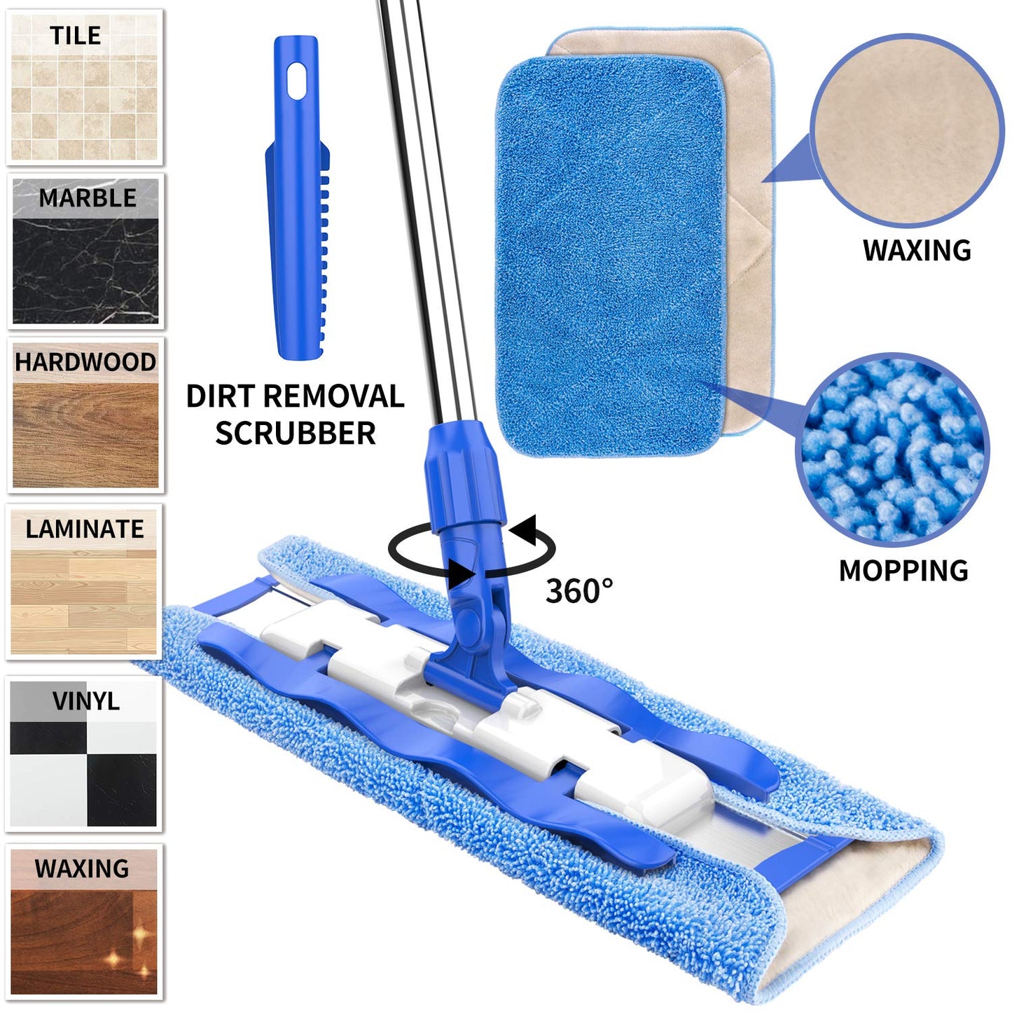 MR.SIGA Professional Microfibre Mop for Hardwood, Laminate, Tile Floor Cleaning, Stainless Steel Telescopic Handle - 3 Reusable Microfibre Cloths and 1 Dirt Removal Scrubber included Blue - Mop