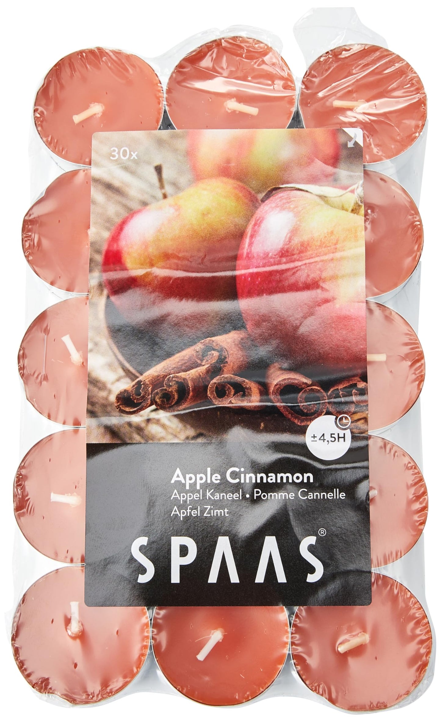 Spaas 30 Scented Tealights in Flatpack, ± 4.5 Hours, Apple Cinnamon Ginger Orange