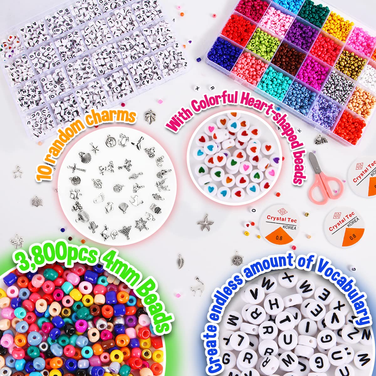 Goody King 4mm 5000pcs+ Beads for Jewelry Making Kit - Friendship Bracelet Making Kit Glass Seed Beads Craft Kit Set, Letter Alphabet DIY Arts and Crafts - Easter Birthday Gift for Her Kid Age 6 7 8 9