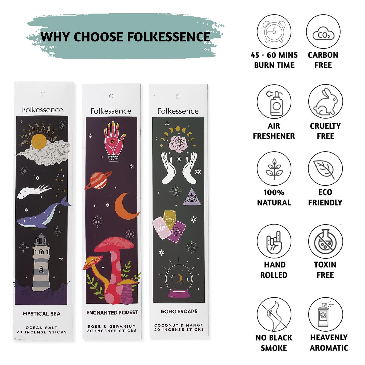 Folkulture Incense Sticks - Set of 6 Insenses (120 Sticks) for Positive Aura - Coconut and Mango, Oriental Aqua, Green Tea, Ocean Salt, Rose and Geranium, Orange Blossom - Boho Gift Set - Magic Hour The Magic Hour