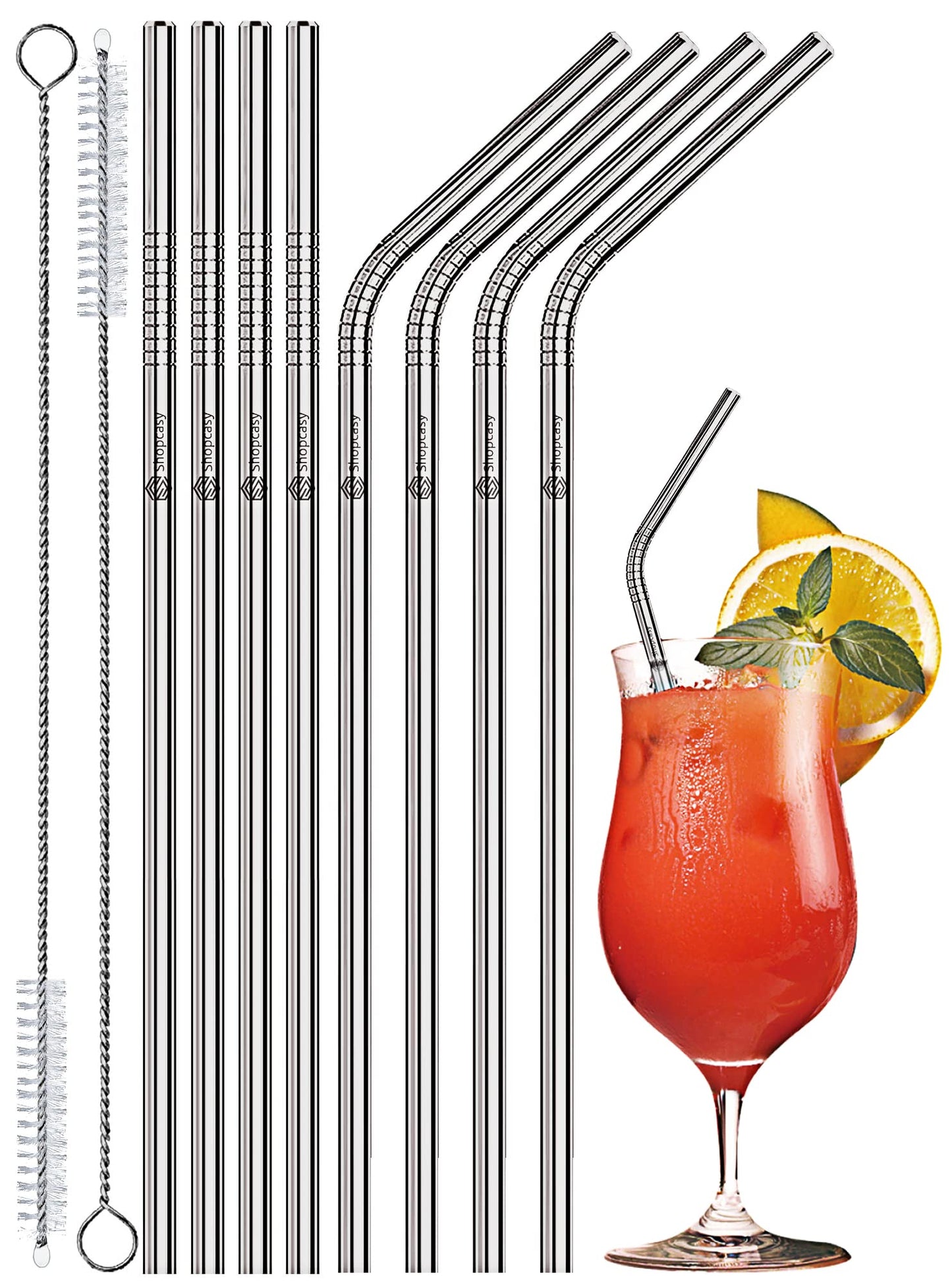 Set of 10 Reusable Metal Straws Drinking, 216mm Eco-Friendly Stainless Steel Drinking Straws for Cocktail, Milkshake, Cold/Hot Drinks (4 Straight + 4 Bent + 2 Cleaners) BPA Free Silver