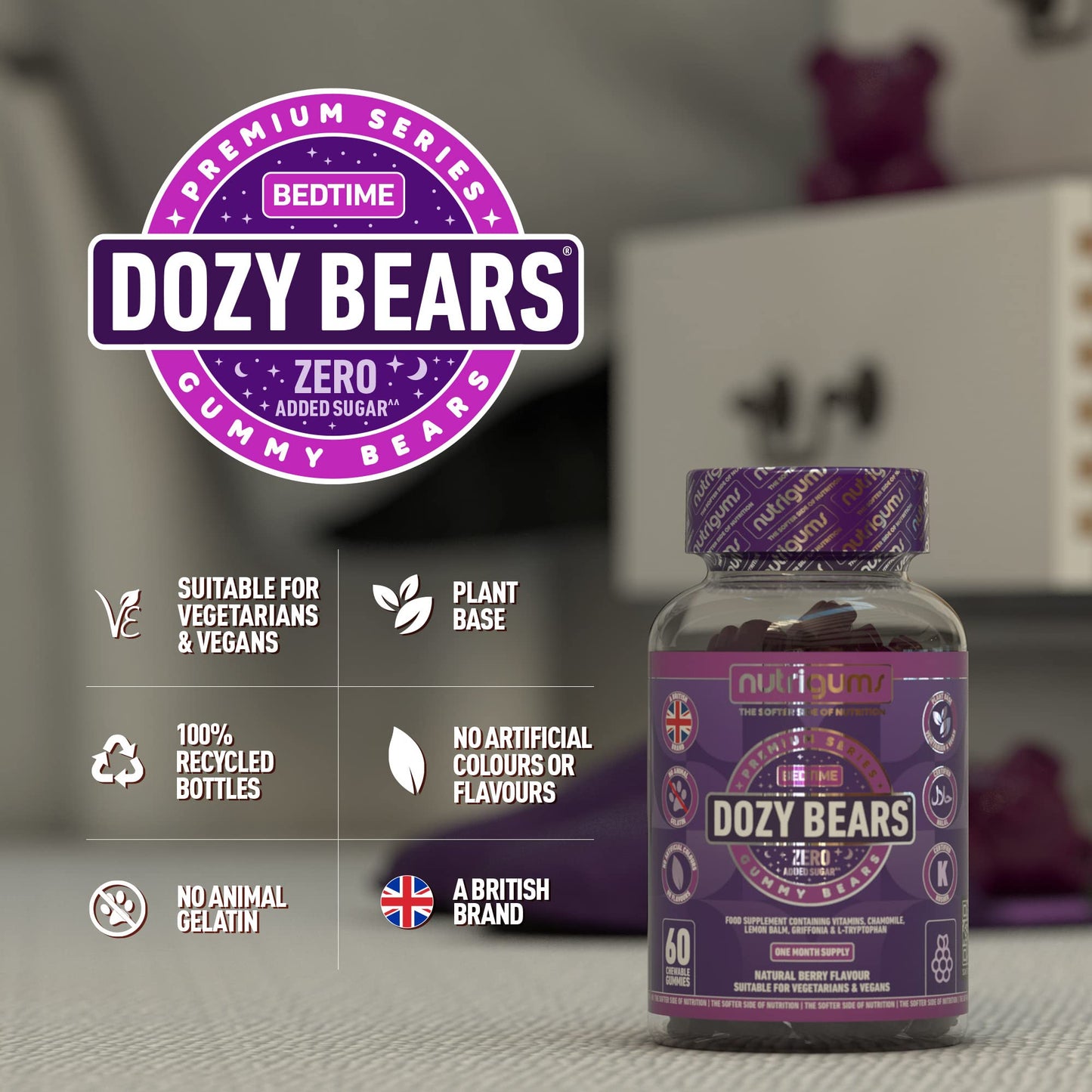 DOZYBEARS® 60 Vegan Gummy Bears. Mixed Berry Flavour with 5-HTP, L-Tryptophan + Vitamins C, B2, B3, B5, B6 B12 with Chamomile and Lemon Balm to Support Rest & Sleep. Adults & Kids 12+ Years Sleep Gummies