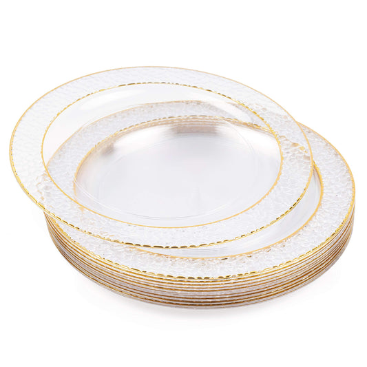 MATANA 20 Premium Clear Hard Plastic Dinner Plates with Hammered Gold Rim, 26cm / 10 Inch - Elegant & Reusable Party Plates for Weddings, Birthdays, Picnic, BBQ, Parties