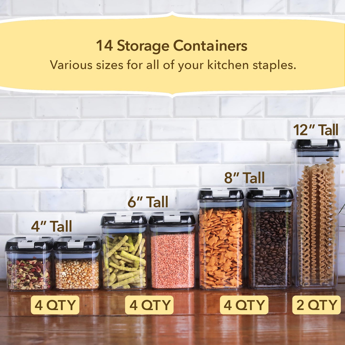 Simply Gourmet Airtight Food Storage Containers - Set of 7 Large Clear Canisters with Lids for Flour, Cereal & Pasta Storage, Pantry Organization - Marker & Labels Included