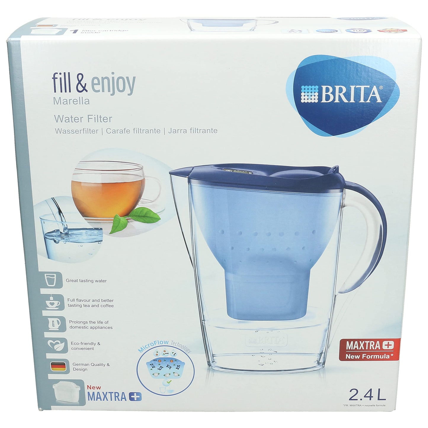 BRITA Marella fridge water filter jug for reduction of chlorine, limescale and impurities, Includes 1 x MAXTRA+ filter cartridges, 2.4L -Blue Maxtra + Blue