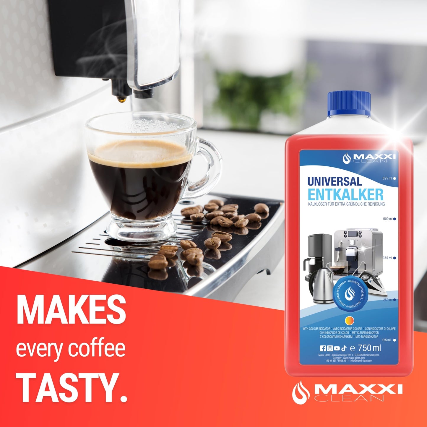 Maxxi Clean | Universal Descaler for all coffee machines, kettles, other household appliances, and also bathroom & kitchen | Suitable for all brands and models | Lime descaler for cleaning (1x 750 ml) 1x 750 ml