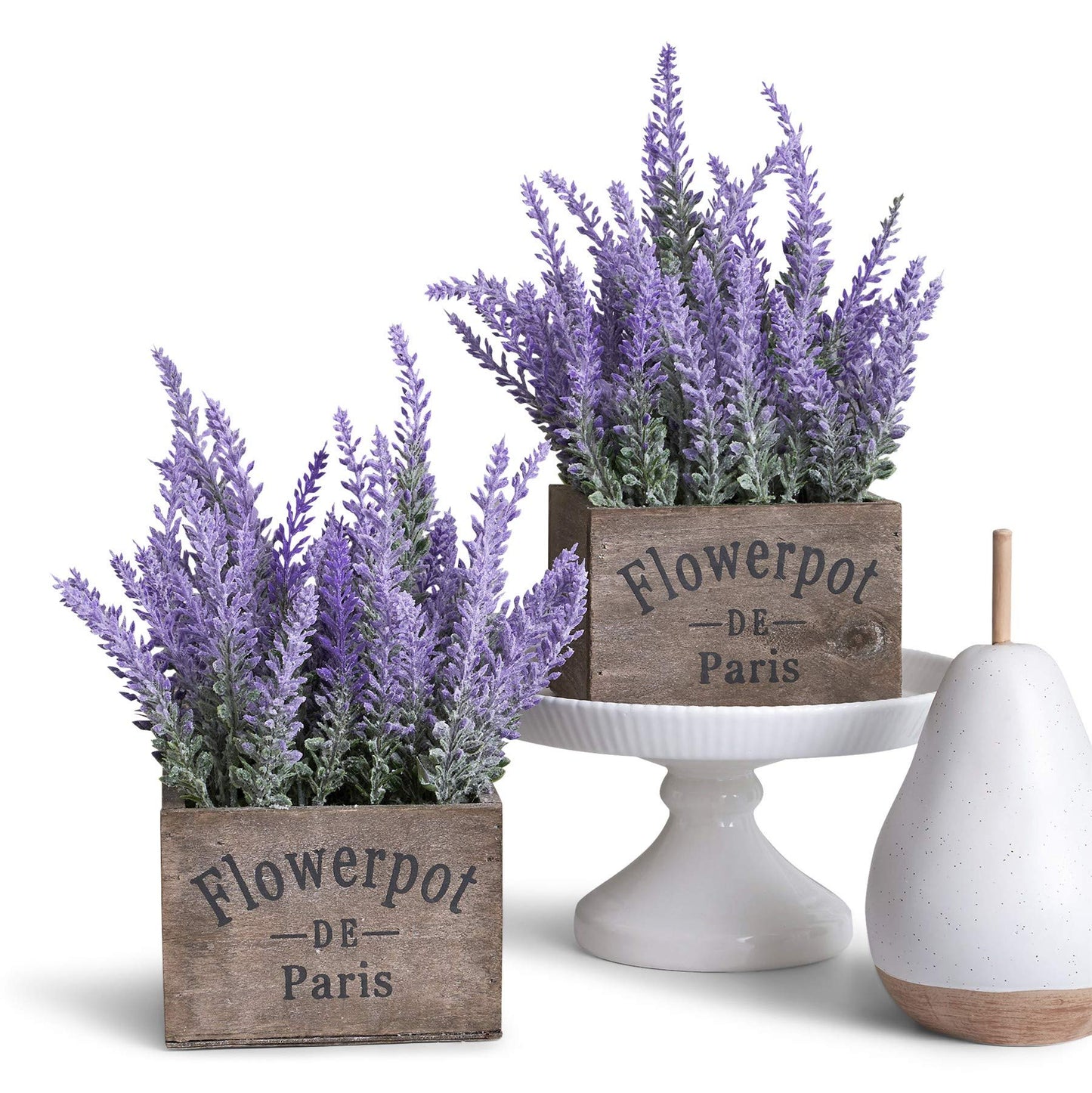 Butterfly Craze Artificial Lavender Plants in Rustic Wooden Planters - Lifelike, Stunning Faux Silk Purple Flowers Perfect for Elevating Your Patio, Home Décor, or Office (Set of Two), Brown Wood