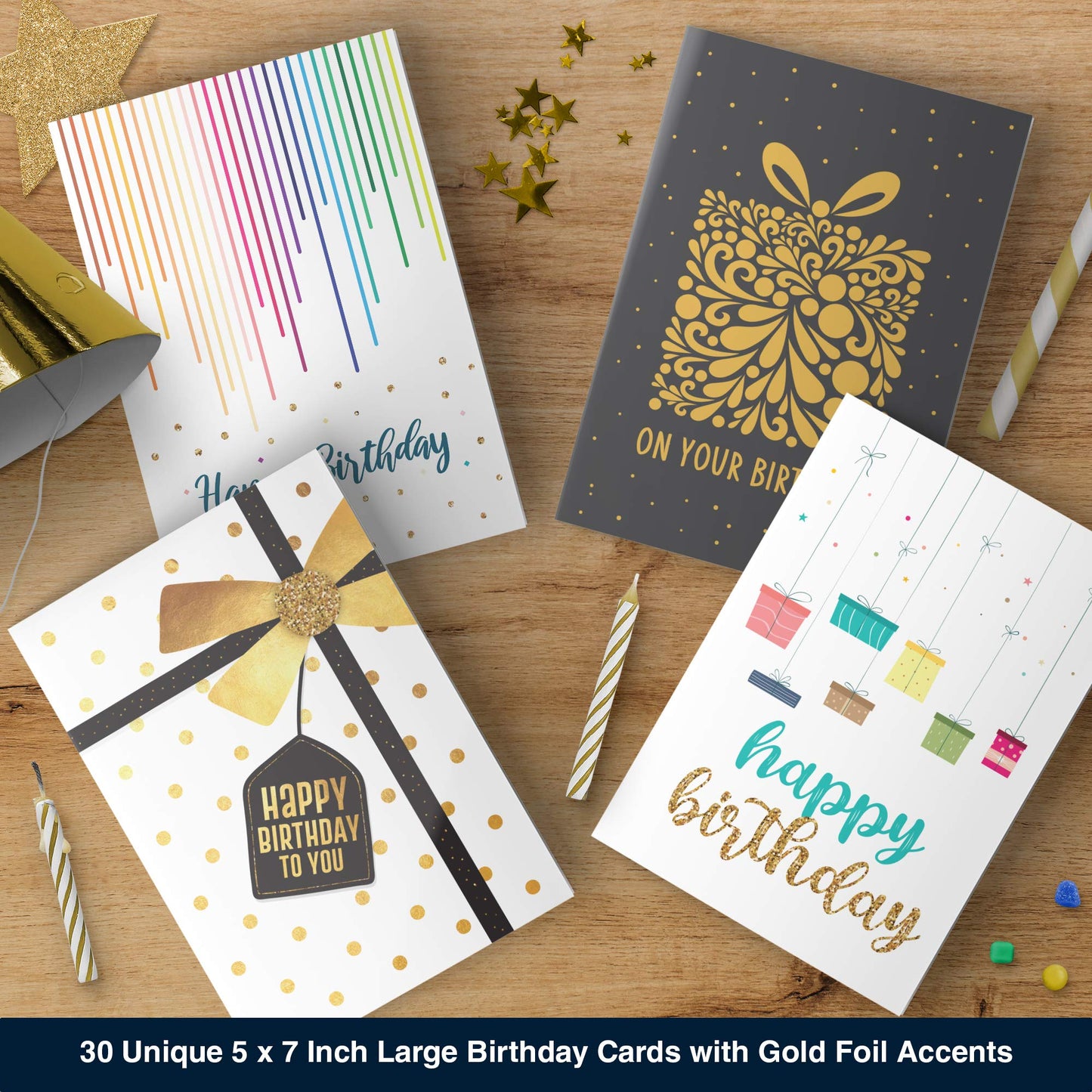 Dessie 30 Unique Happy Birthday Cards - 30 Gold Foil Birthday Cards Bulk With Message Inside. 32 White and Colored Envelopes, Perpetual Birthday Calendar and Gold Sealing Stickers Included In Box Modern