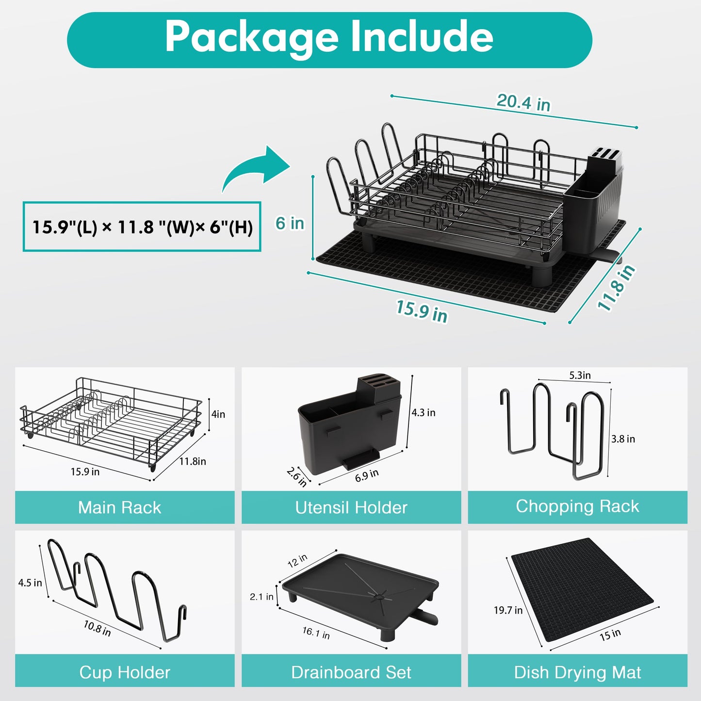 MAJALiS Dish Drainer Rack, Large Dish Drainer for Kitchen Counter, Stainless Steel Dish Rack with Utensil Holder and Dryer Mat, Kitchen Sink Draining Board Rack (Black - One Tier) One Tier-black