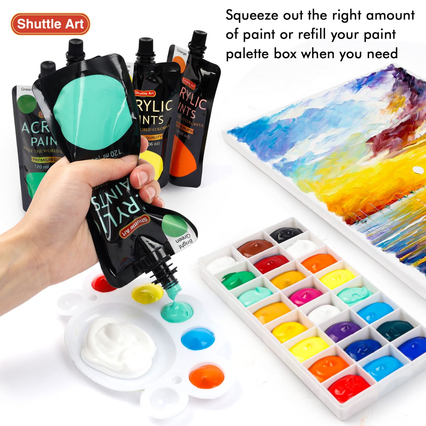 Shuttle Art Acrylic Paint, 18 Colours Acrylic Paint Pouches (120ml/4.06oz), Artist Grade Acrylic Paint Set, Rich Pigments, Non-Toxic for Artists, Beginners and Kids on Rocks Crafts Canvas Wood Ceramic 120 ml (Pack of 18)