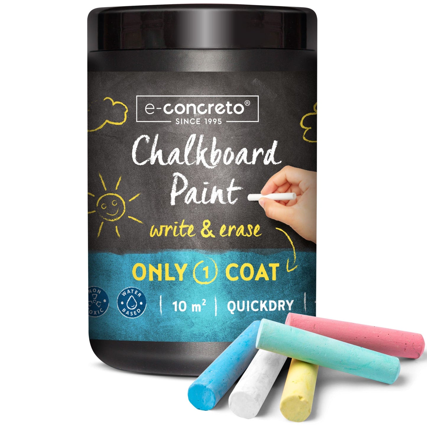 e-concreto One Coat Blackboard Paint Black + Chalk (1000ml) | Water-based and Non-toxic | Black Chalkboard Paint