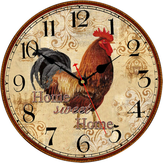 TAHEAT 14 Inch Rustic Rooster Wall Clock Retro Silent Non ticking Easy to Read Clock, Battery Operated Decorative Wall Clocks for Kitchen/Living Room/Bedroom/Farmhouse Decoration