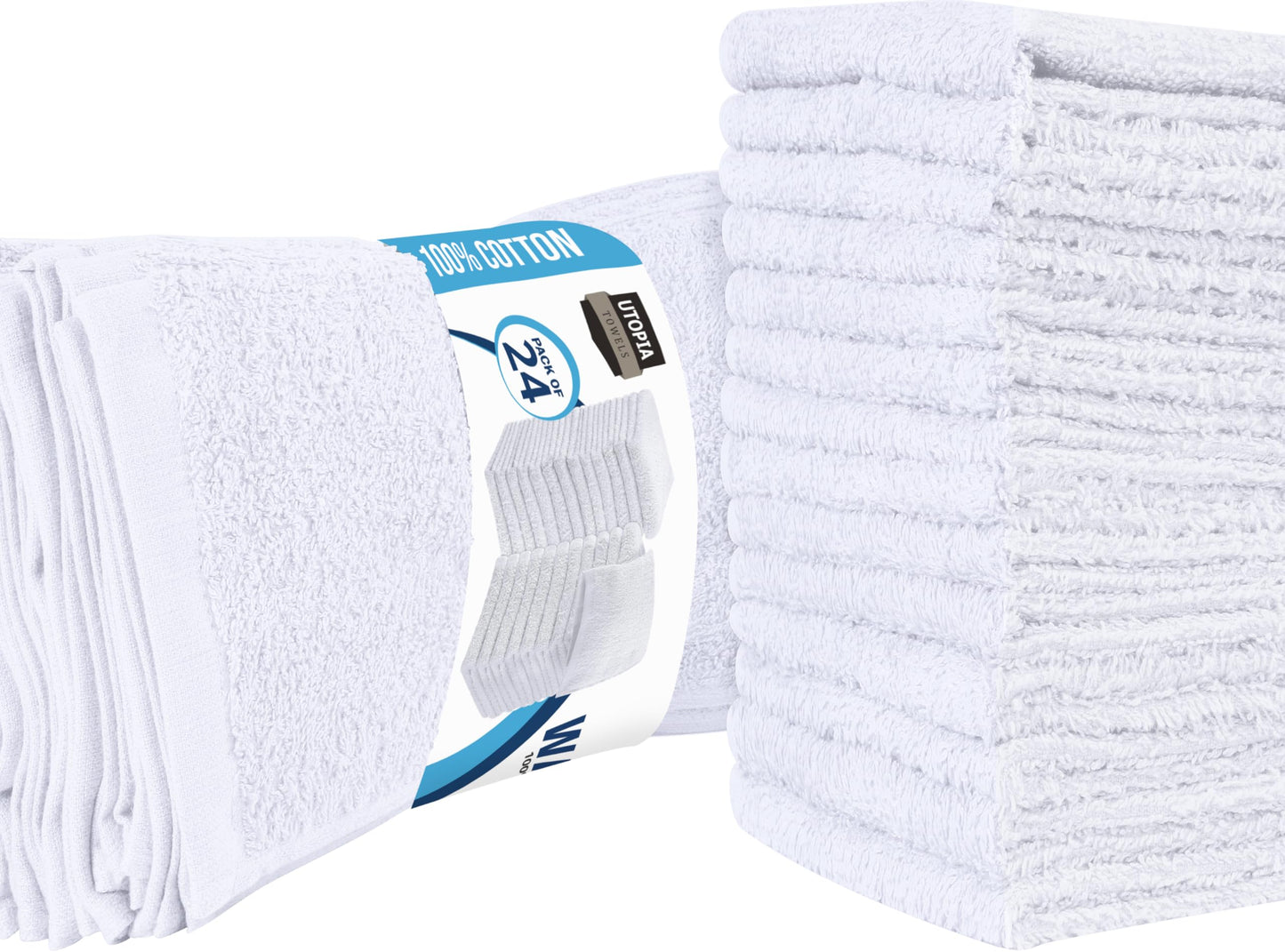 Utopia Towels - Cotton Washcloths Set - 30 x 30 cm, White - 100% Ring Spun Cotton, Premium Quality Flannel Face Cloths, Highly Absorbent and Soft Feel Fingertip Towels (24-Pack, White) 24