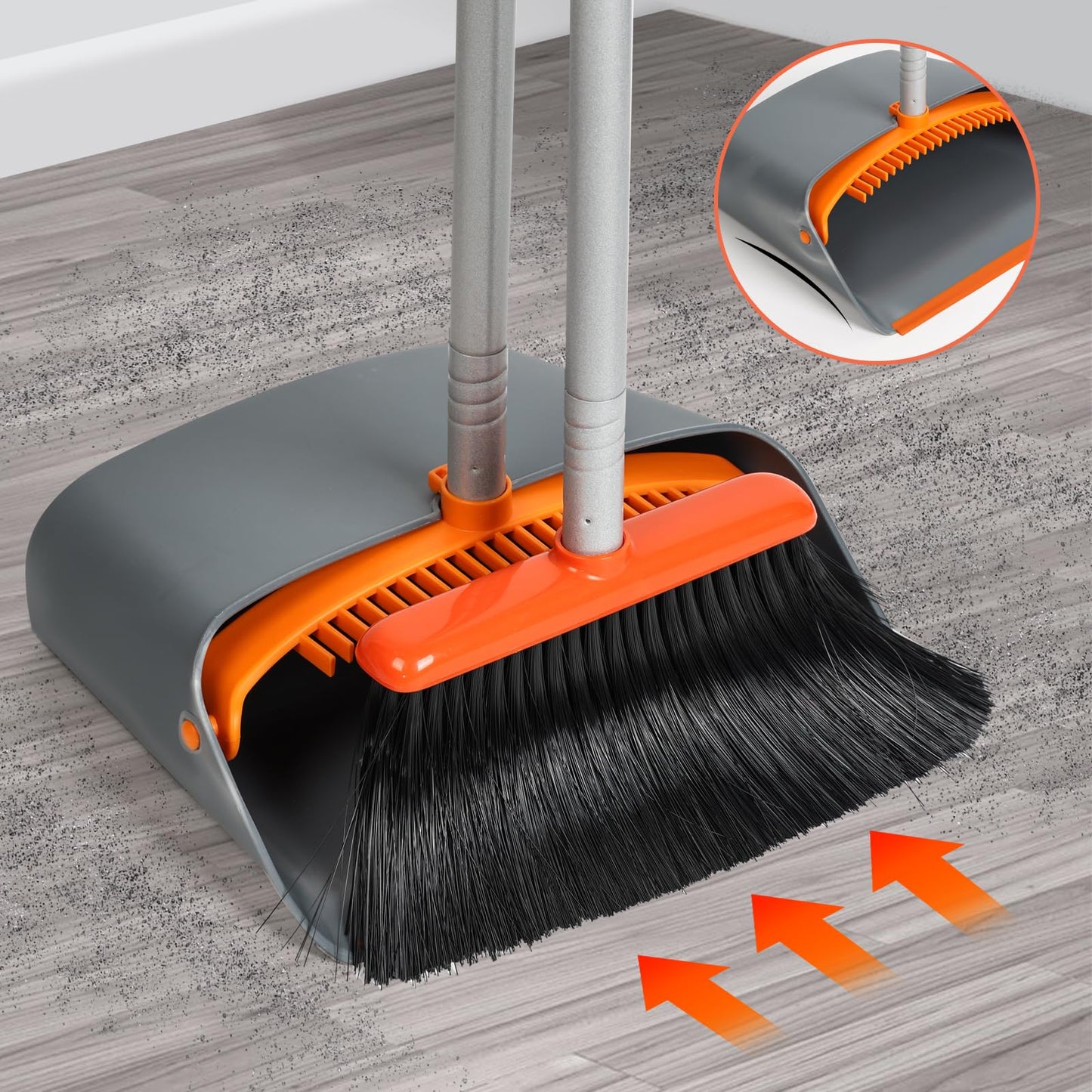 Broom and Dustpan Set, Sweeper and Dust pan Combo with 54 Inch Long Handle for Household Cleaning Sweeping, Orange and Dark Grey