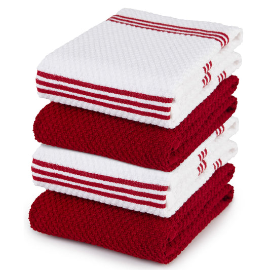 Sticky Toffee 100% Cotton Terry Tea Towel - Red Plain & Stripe Pattern, Pack of 4 | Kitchen Towel Set | Absorbent, Strong, Quick Dry & Machine Washable | Home & Bathroom Accessories 4 Pack