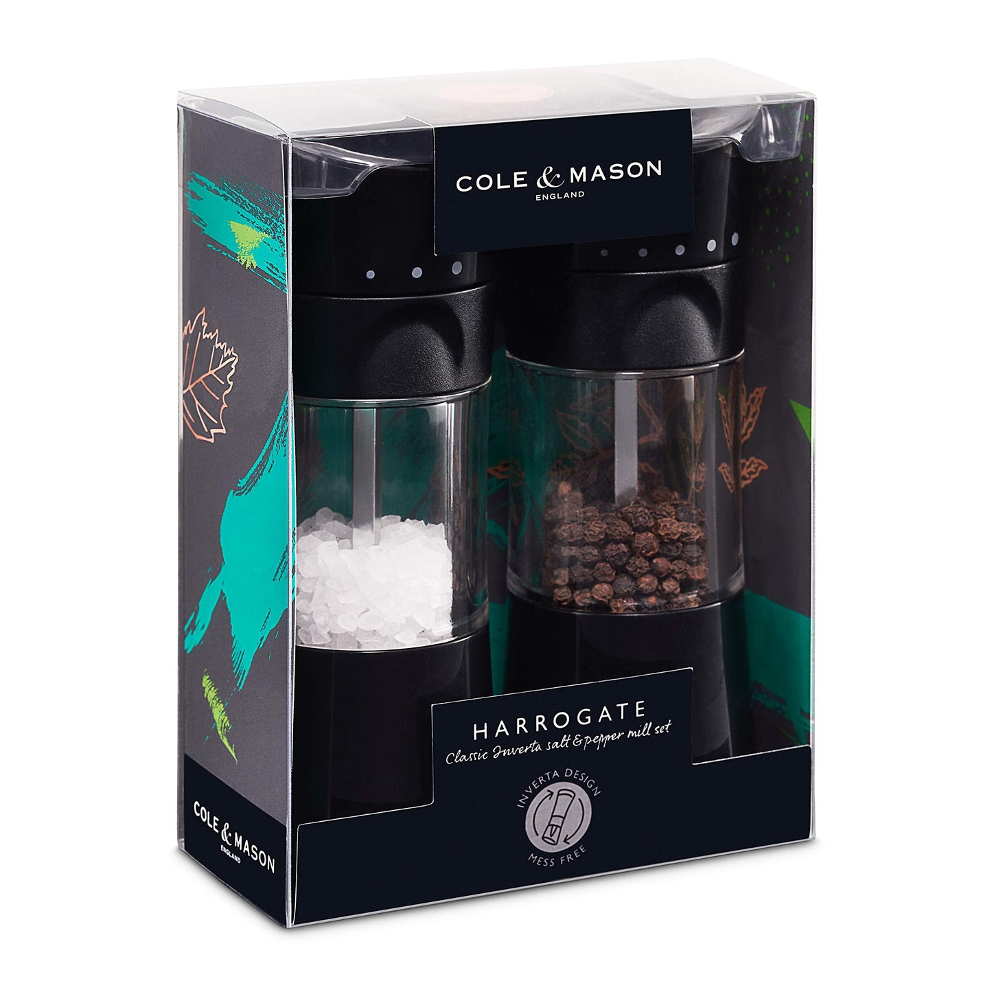 Cole & Mason Harrogate Black Salt and Pepper Grinder Set, Adjustable Ceramic Mechanism, Inverta, ABS Plastic, 154 mm, Gift Set, Includes 2 x Salt and Pepper Mills Mill Set