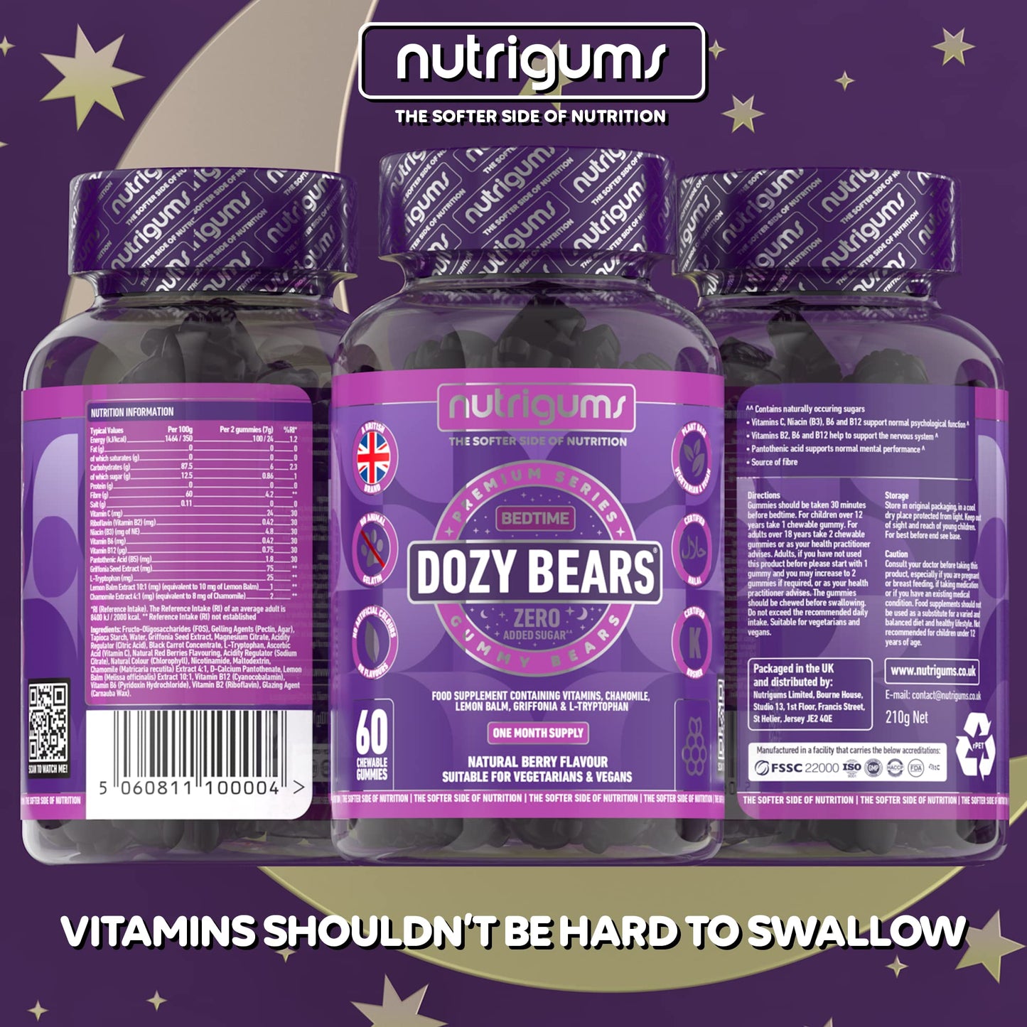 DOZYBEARS® 60 Vegan Gummy Bears. Mixed Berry Flavour with 5-HTP, L-Tryptophan + Vitamins C, B2, B3, B5, B6 B12 with Chamomile and Lemon Balm to Support Rest & Sleep. Adults & Kids 12+ Years Sleep Gummies