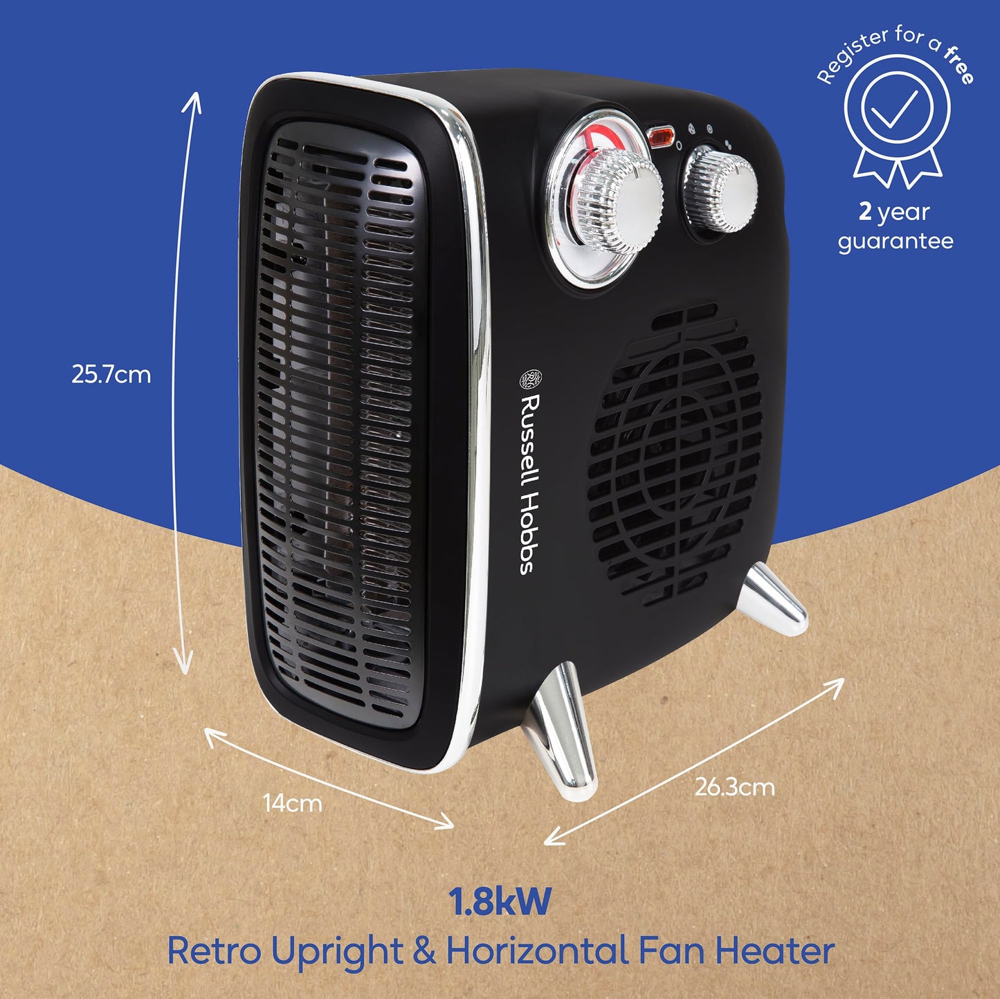 Russell Hobbs 1800W/1.8KW Electric Heater, Retro Horizontal/Vertical Fan Heater in Black with Adjustable Thermostat, 2 Heat Settings, 20m² Room Size, Dial Control, RHRETHFH1001B with 2 Year Guarantee 1.8KW