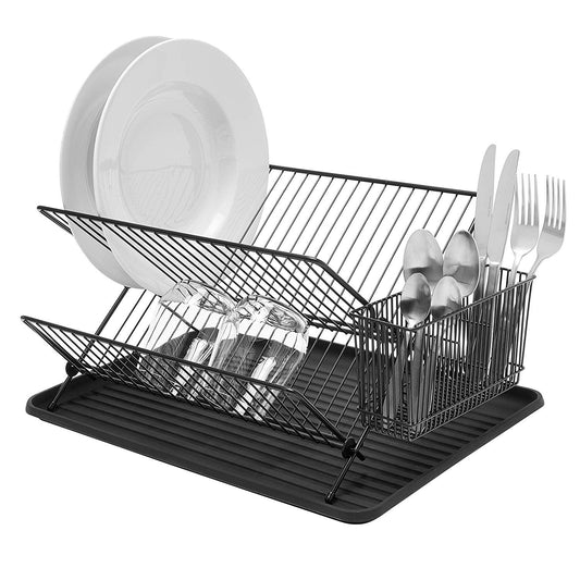 simplywire – Folding Dish Drainer – Plate Drying Steel Rack with Cutlery Holder - Black