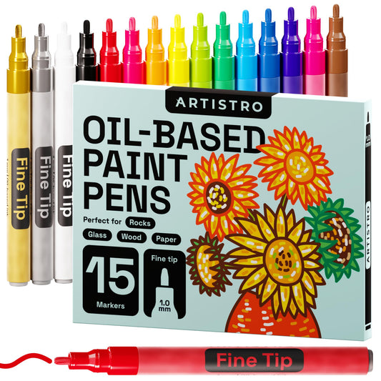 ARTISTRO Paint Pens for Rock Painting, Stone, Ceramic, Glass, Wood, Porcelain, Mugs, Metal, Fabric, Canvas. Set of 15 Quick Dry, Permanent, Waterproof and Oil Based Paint Markers Fine Tip Oil-Based Markers