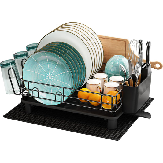 MAJALiS Dish Drainer Rack, Large Dish Drainer for Kitchen Counter, Stainless Steel Dish Rack with Utensil Holder and Dryer Mat, Kitchen Sink Draining Board Rack (Black - One Tier) One Tier-black