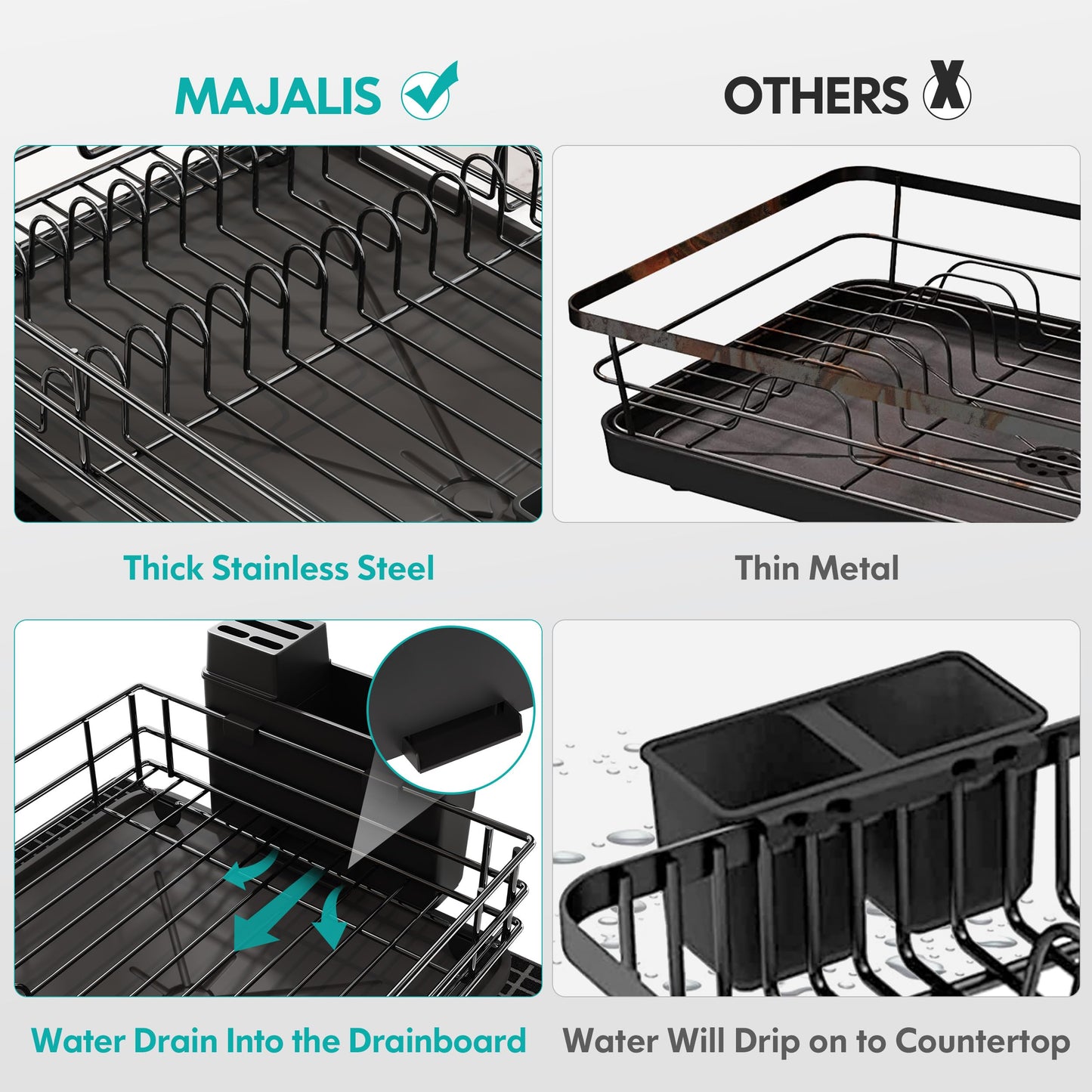 MAJALiS Dish Drainer Rack, Large Dish Drainer for Kitchen Counter, Stainless Steel Dish Rack with Utensil Holder and Dryer Mat, Kitchen Sink Draining Board Rack (Black - One Tier) One Tier-black