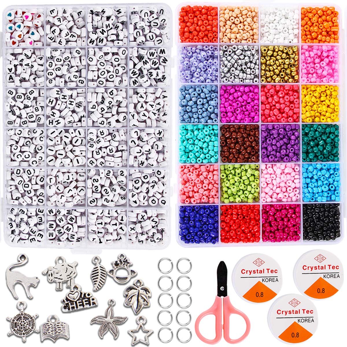 Goody King 4mm 5000pcs+ Beads for Jewelry Making Kit - Friendship Bracelet Making Kit Glass Seed Beads Craft Kit Set, Letter Alphabet DIY Arts and Crafts - Easter Birthday Gift for Her Kid Age 6 7 8 9