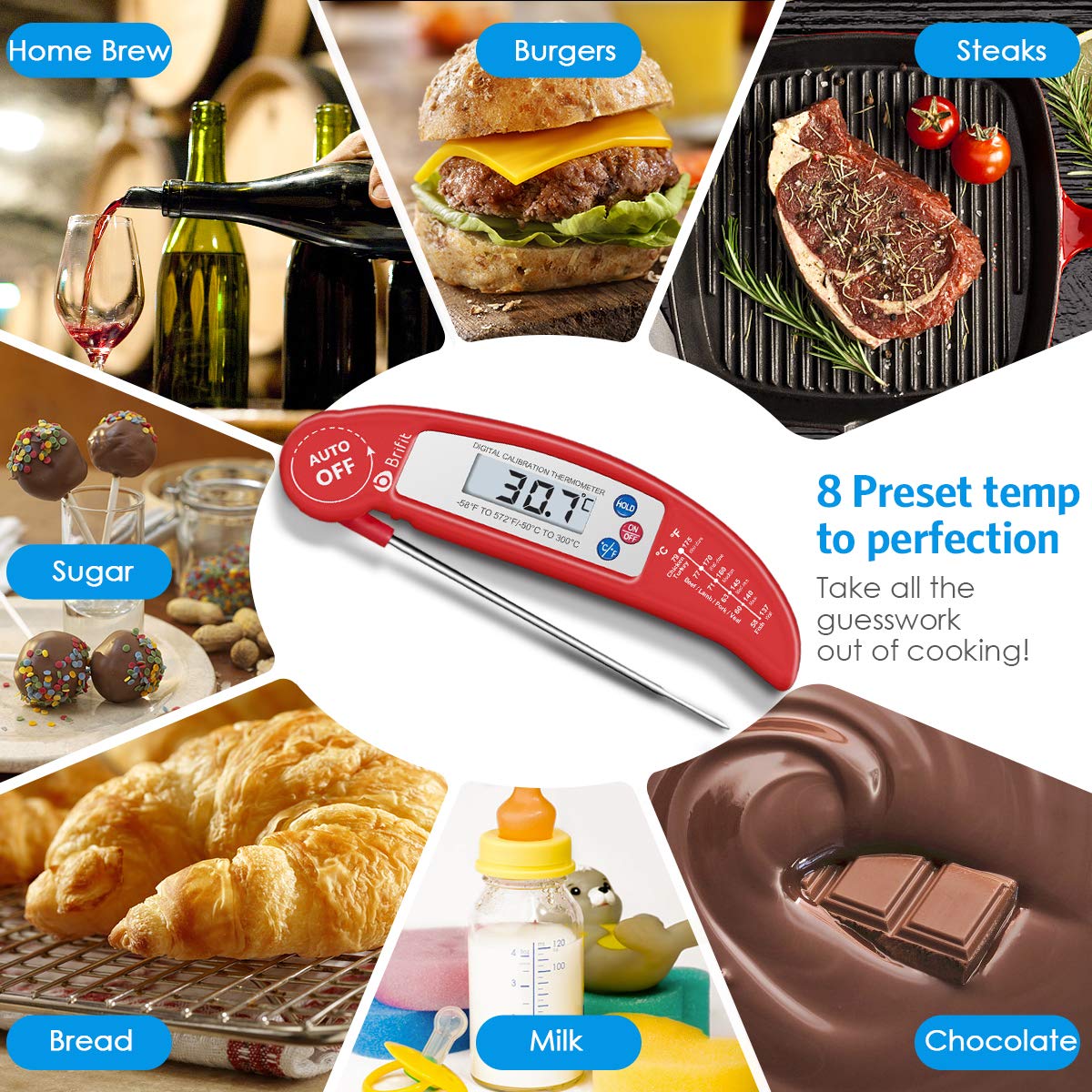 Criacr Meat Thermometer, Digital Cooking Thermometer, Food Thermometer with High Accuracy, Instant Read Foldable Probe Thermometer for Kitchen Cooking, BBQ, Milk, Christmas (Red), Battery Included 1 Pack Red