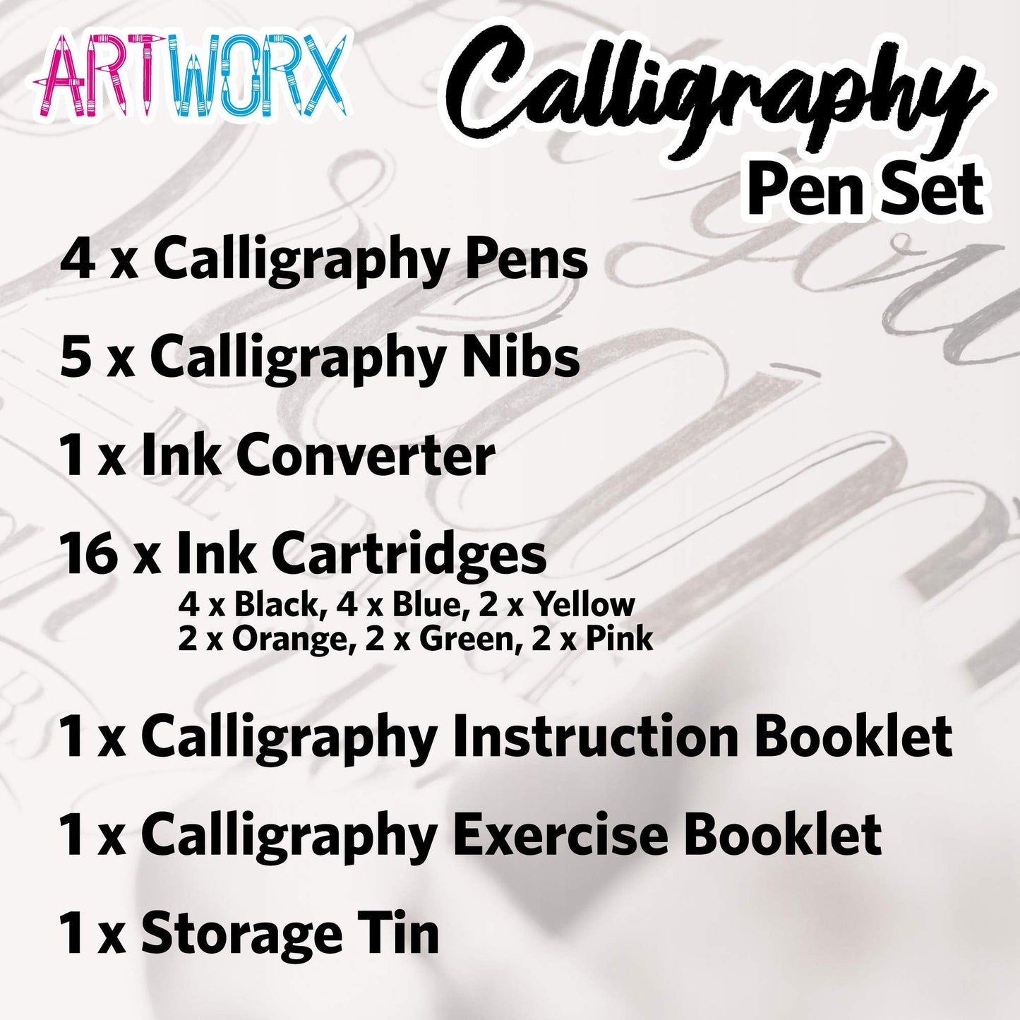 Artworx Calligraphy Pen Set - With Guide Book and Practice Paper - Caligraphy Beginners Set - Art and Crafts For Adults