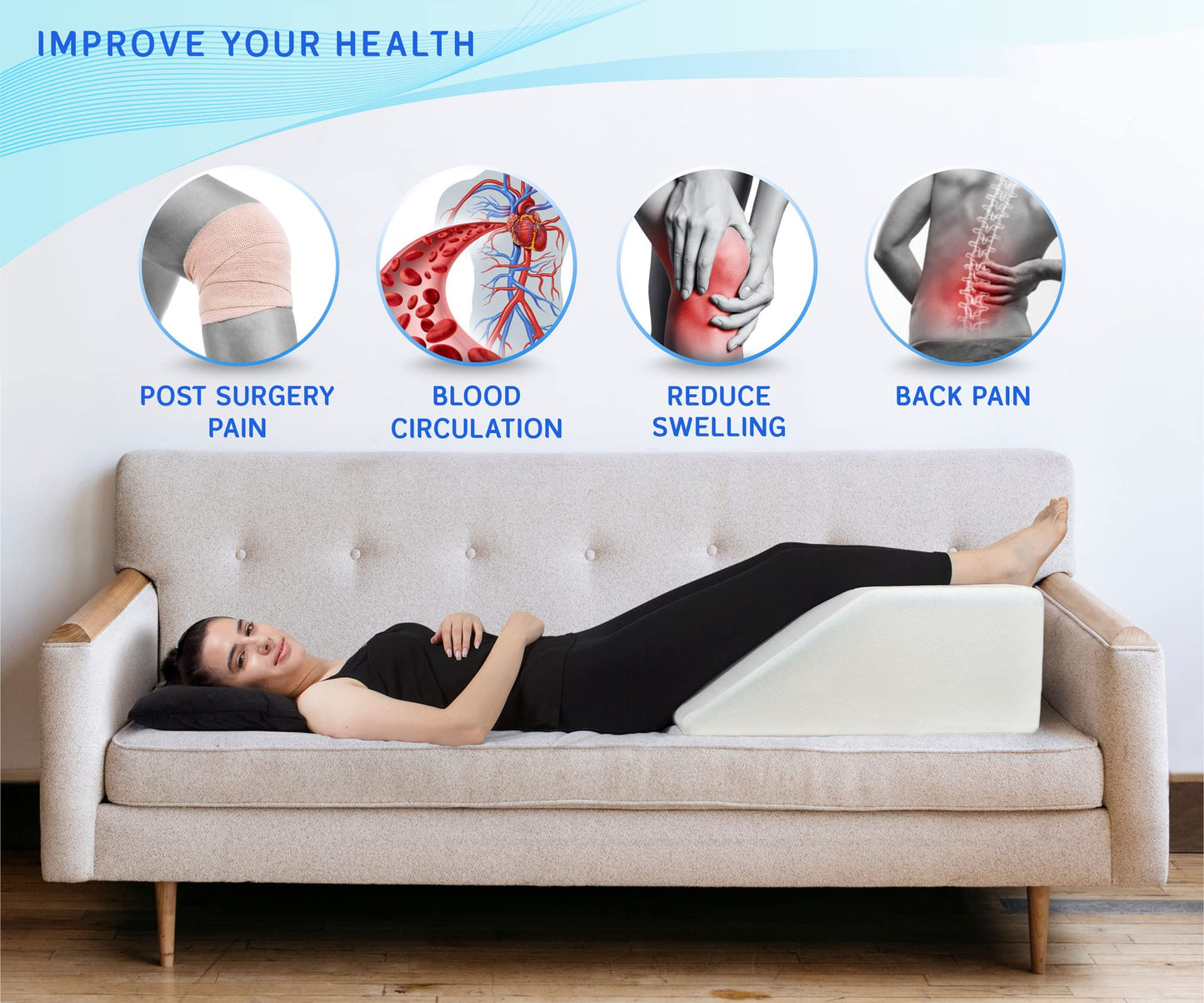 Leg Elevation Pillow with Memory Foam Top - Elevated Leg Rest Pillow for Circulation, Swelling, Knee Pain Relief - Wedge Pillow for Legs, Sleeping, Reading, Relaxing - Washable Cover (10 Inch) 25.40 cm