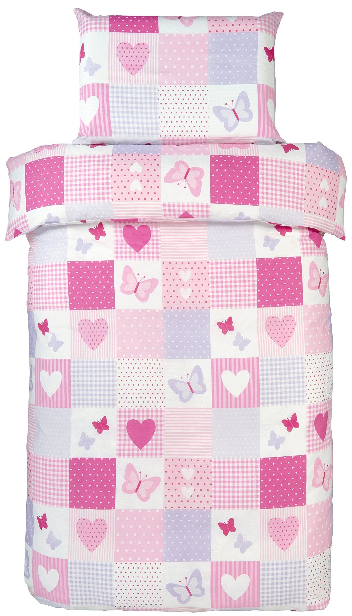 Bloomsbury Mill - Kids Single Bed Duvet Cover and Pillows Set for Girls - Hearts and Butterflies Pink Patchwork Kids Bedding - 135 x 200 cm Single Duvet Set