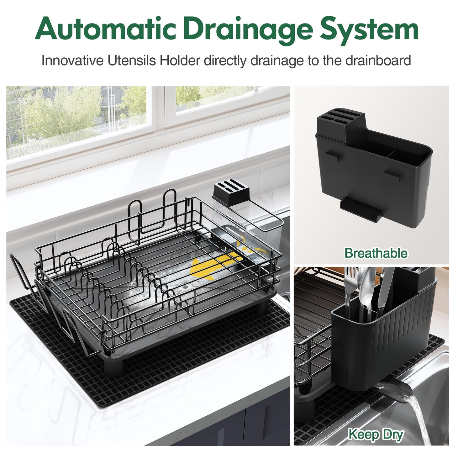 Qienrrae Dish Drianer Rack with Drip Tray, Dish Drainer with 360° Swivel Spout and Drainer Mat, Stainless Steel Dish Rack with Utensil Holder and Drying Mat, Dish Drying Rack (Black - One Tier) One Tier-black