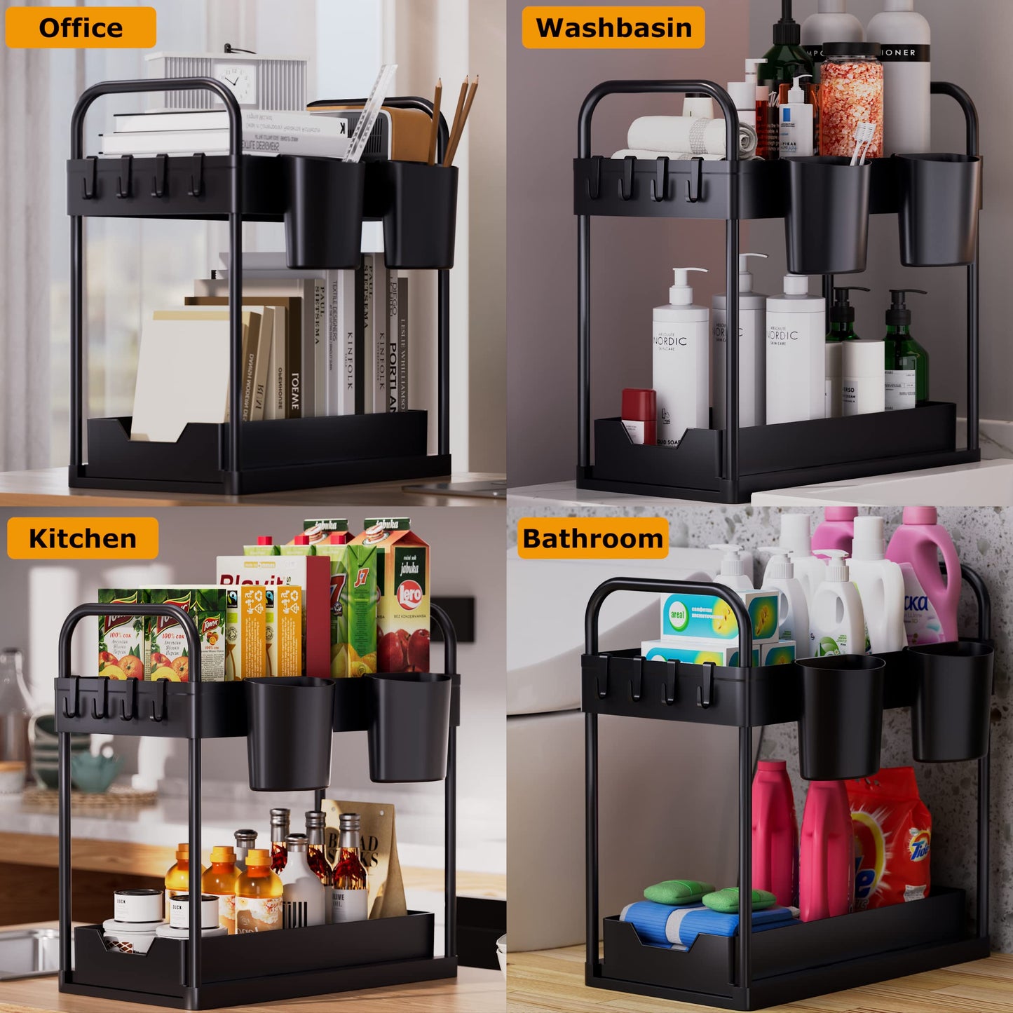 2 Tier Under Sink Storage,Under Sink Organiser with Bottom Sliding Basket Drawer,4 Hooks, 2 Hanging Cup, Handles,Multi-Purpose Under Sink Cabinet Organiser for Bathroom Kitchen Countertop,Black Black-1 pack