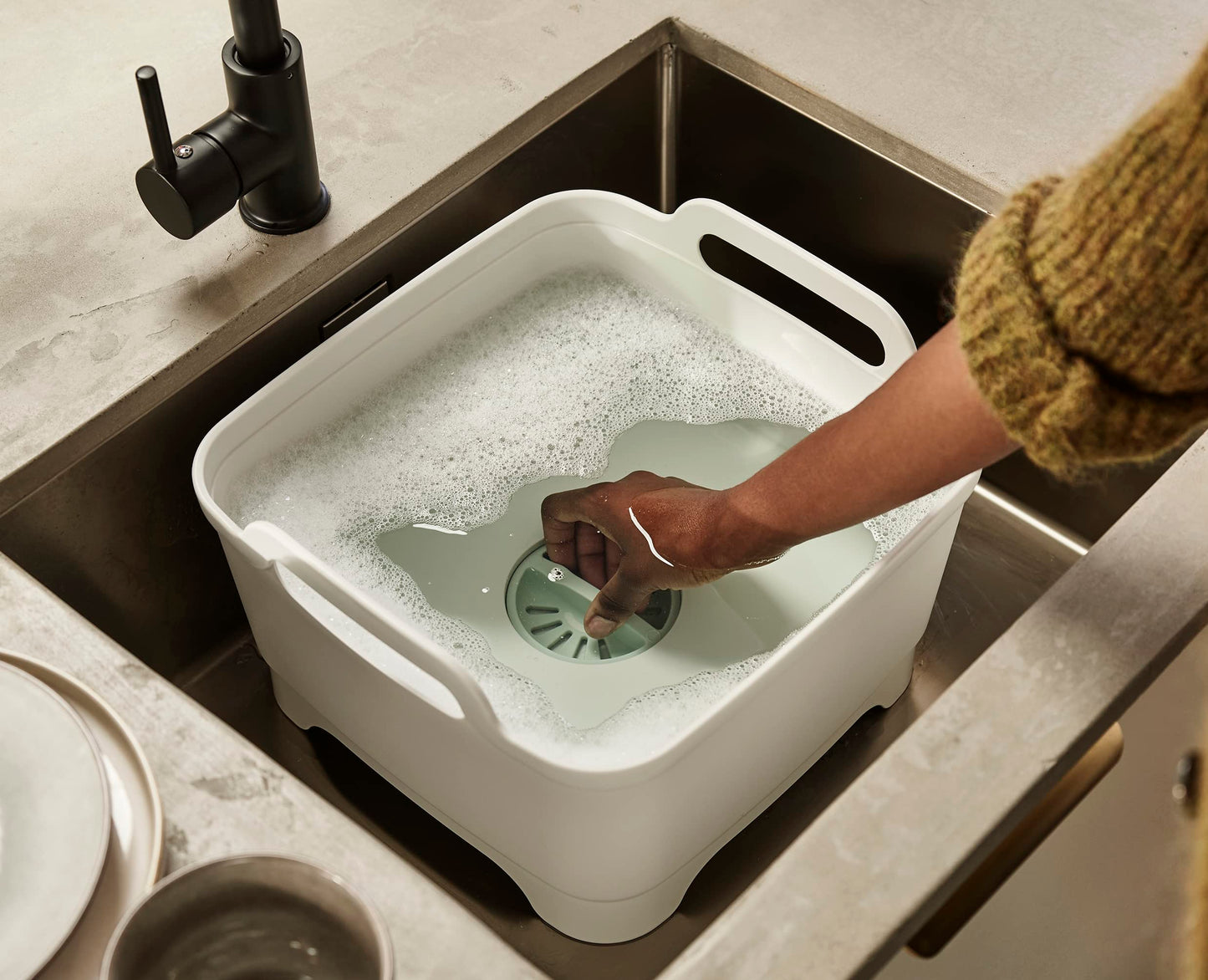 Joseph Joseph Wash & Drain Kitchen Washing Up Bowl with Handles and Draining Plug, 9 litres, Stone/Sage Green