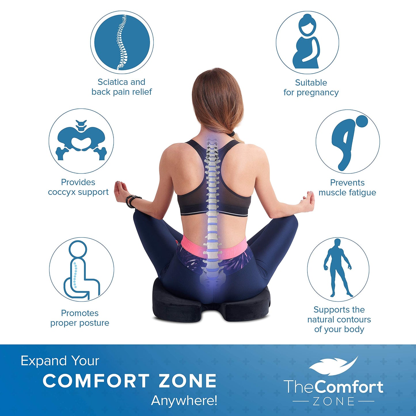 TheComfortZone Seat Cushion for Office Chair Lower Back Pain Relief, Non-Slip Coccyx Cushion Enhances Posture & Support, Hemorrhoid, Sciatica Memory Foam Chair Cushion Pad for Car, Wheelchair, Gaming Black MDM (60-80kg)