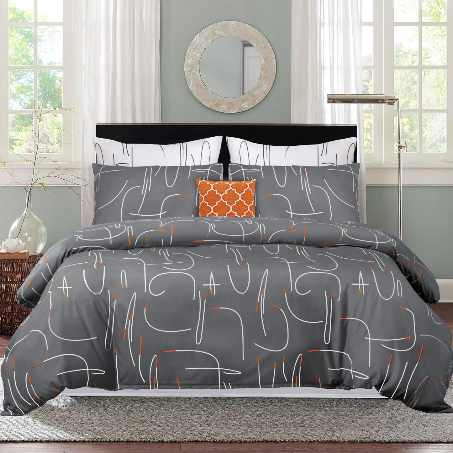 Pamposh Double Duvet Set - Premium Microfibre Reversible Duvet Cover Sets - Bedding Double Bed Set - Double Bedding Polyester Quilt Set (Grey/White/Orange, Double (200 x 200 cm)) Grey / White / Orange Double (200 x 200 cm)