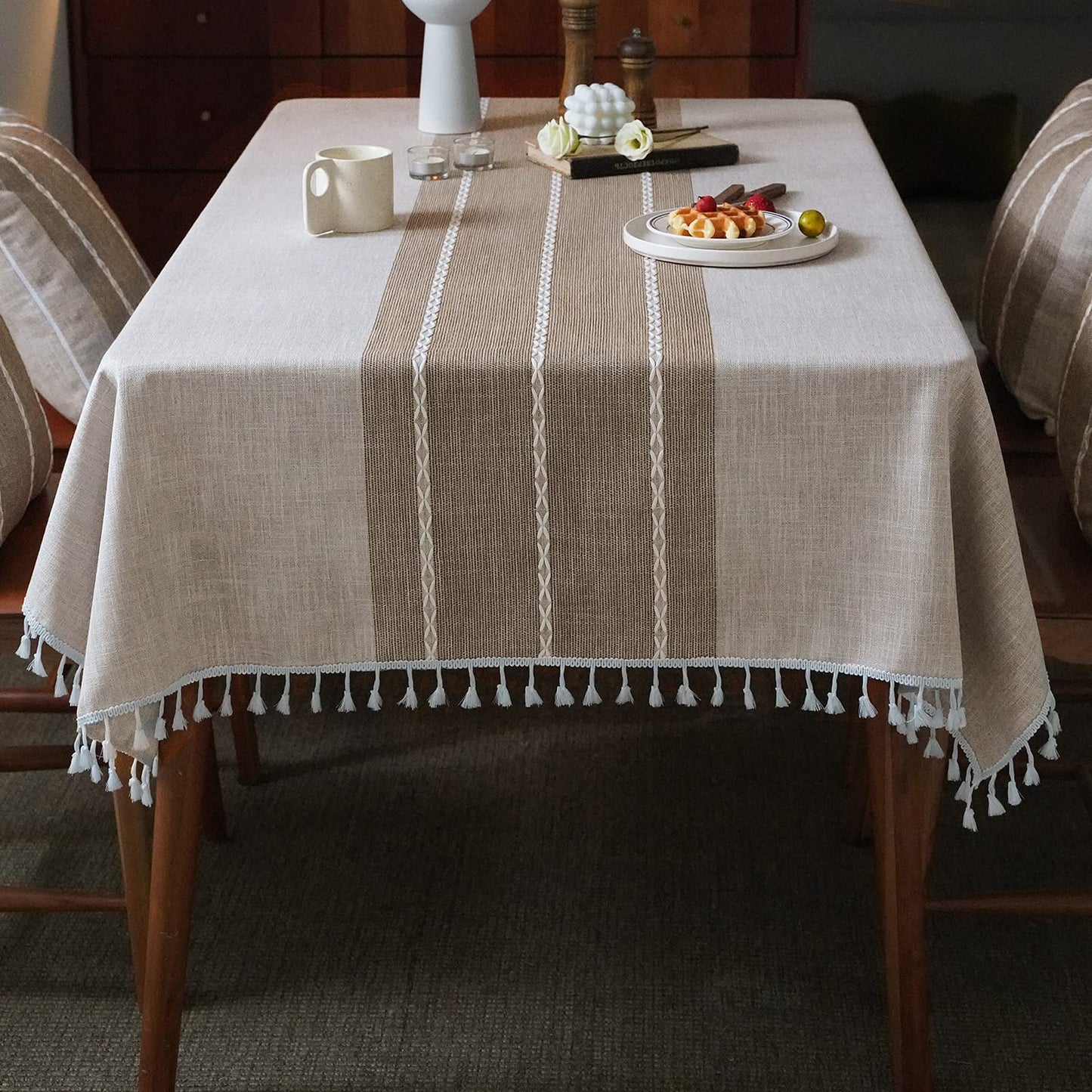 MOKANI Middle Embroidery Table Cloth Washable Cotton Linen Tassel Tablecloth, Rectangle Wrinkle Free Anti-Fading Table Cover for Kitchen Dinning Thanksgiving Christmas (55 x 86 Inch, Brown) 7-brown Rectangle/Oblong, 55 x 86 Inch