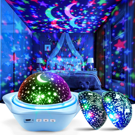 One Fire Night Light Kids,96 Lighting Modes Star Projector Lights for Bedroom, 360°Rotating+6 Films Baby Night Light Projector,Rechargeable Sensory Lights for Room Decor,Star Projector Kids Baby Gift Blue