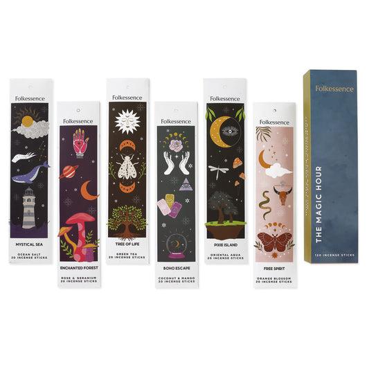 Folkulture Incense Sticks - Set of 6 Insenses (120 Sticks) for Positive Aura - Coconut and Mango, Oriental Aqua, Green Tea, Ocean Salt, Rose and Geranium, Orange Blossom - Boho Gift Set - Magic Hour The Magic Hour