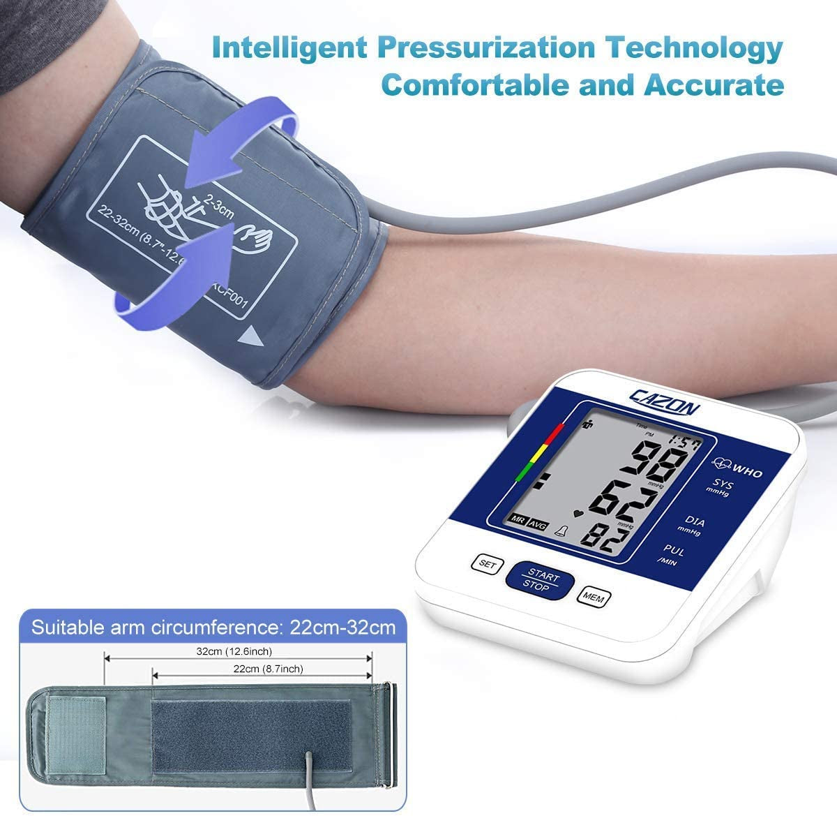 Blood Pressure Monitors Large Cuff Blood Pressure Machine Medical BP Monitor Upper Arm BP Cuff for Home Use Heart Rate Hypertension Monitor, Cuff 22-32Cm LCD Display (Blue)