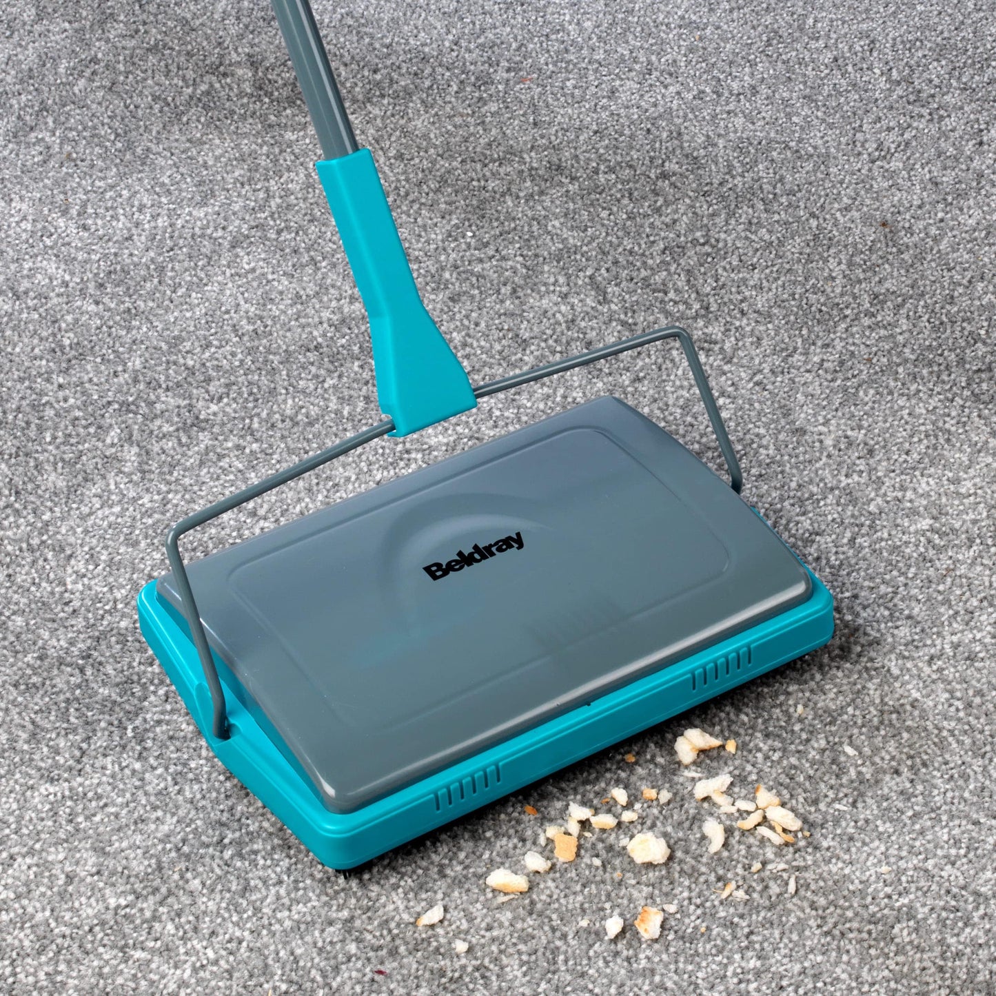 Beldray LA024855TQ Carpet Sweeper - Manual Floor Cleaner, Roller To Clean Carpets And Hard Floors, Pet Fur Remover, Easy Use, Brush Comb To Remove Dirt/Hair From Bristles, Thin & Compact, Lightweight Turquoise