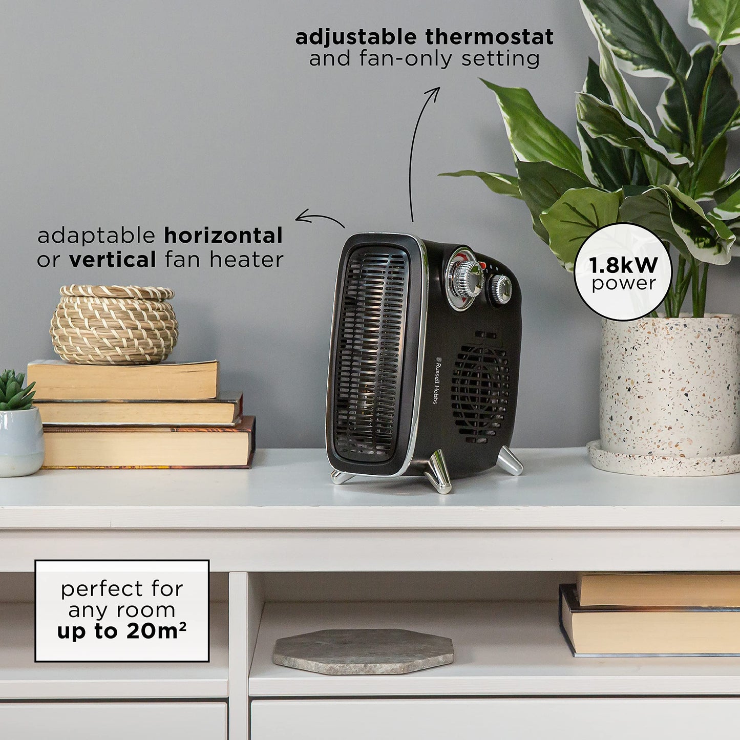 Russell Hobbs 1800W/1.8KW Electric Heater, Retro Horizontal/Vertical Fan Heater in Black with Adjustable Thermostat, 2 Heat Settings, 20m² Room Size, Dial Control, RHRETHFH1001B with 2 Year Guarantee 1.8KW