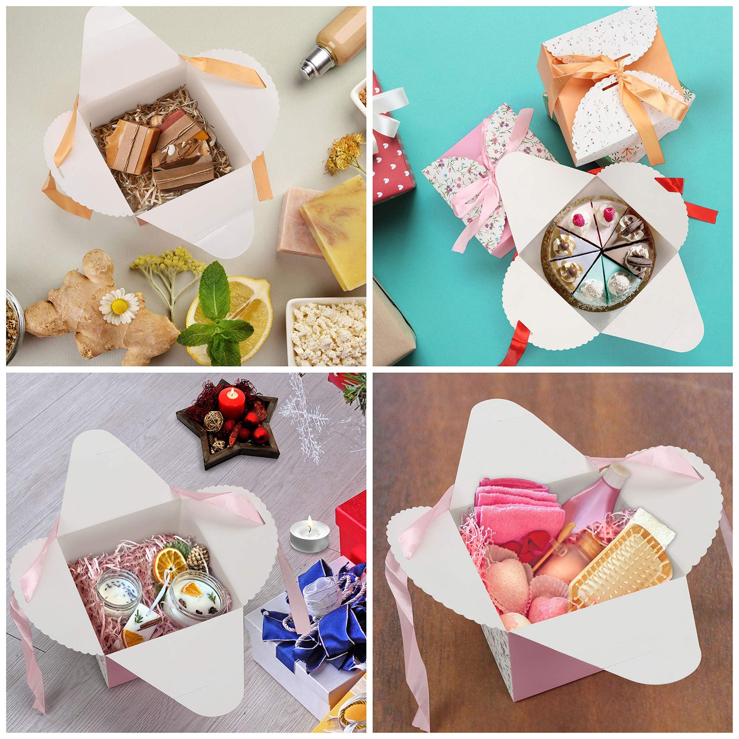 Belle Vous Scalloped Paper Square Gift Boxes with Ribbon (20 Pack) - 14.7 x 14.7 x 9.4cm/5.78 x 5.78 x 3.7 Inches - Small Boxes for DIY Wedding and Party Gifts/Favours, Handmade Soap & Candy 14.5x14.5x9.5 cm (Pack of 20)