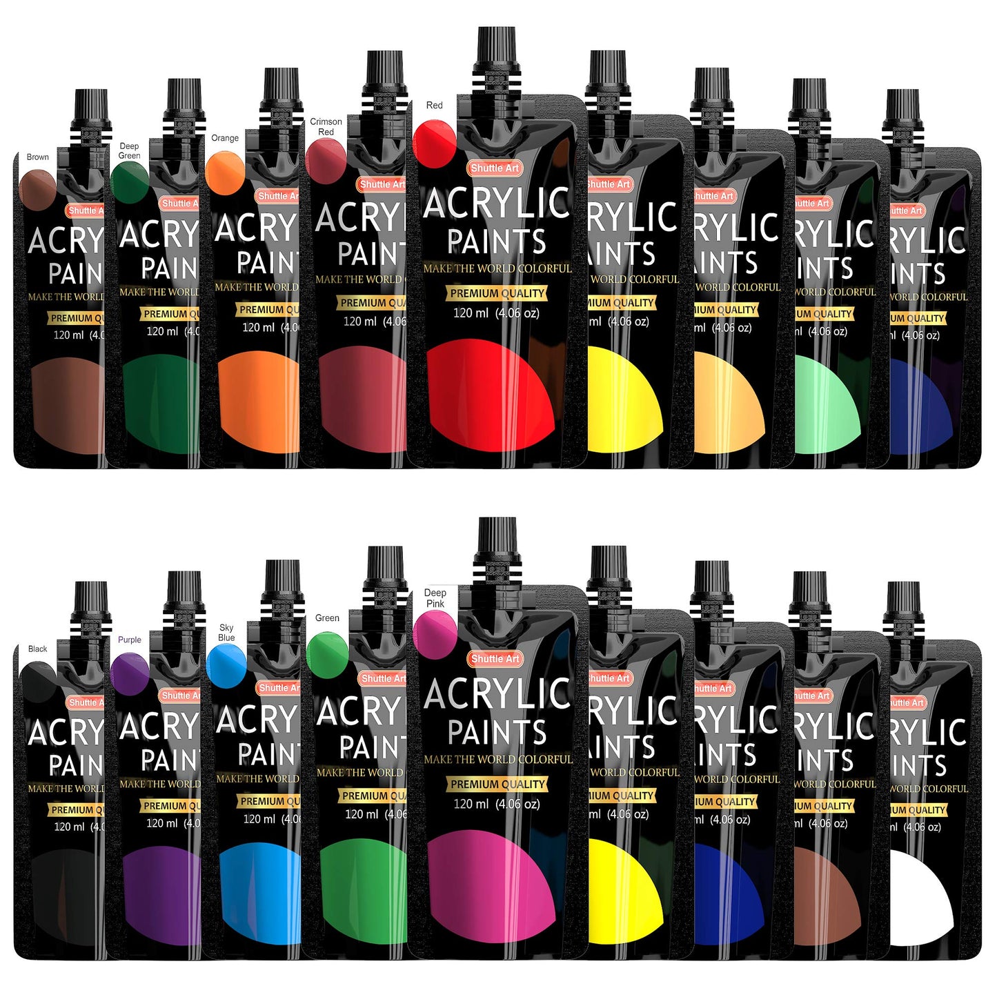 Shuttle Art Acrylic Paint, 18 Colours Acrylic Paint Pouches (120ml/4.06oz), Artist Grade Acrylic Paint Set, Rich Pigments, Non-Toxic for Artists, Beginners and Kids on Rocks Crafts Canvas Wood Ceramic 120 ml (Pack of 18)