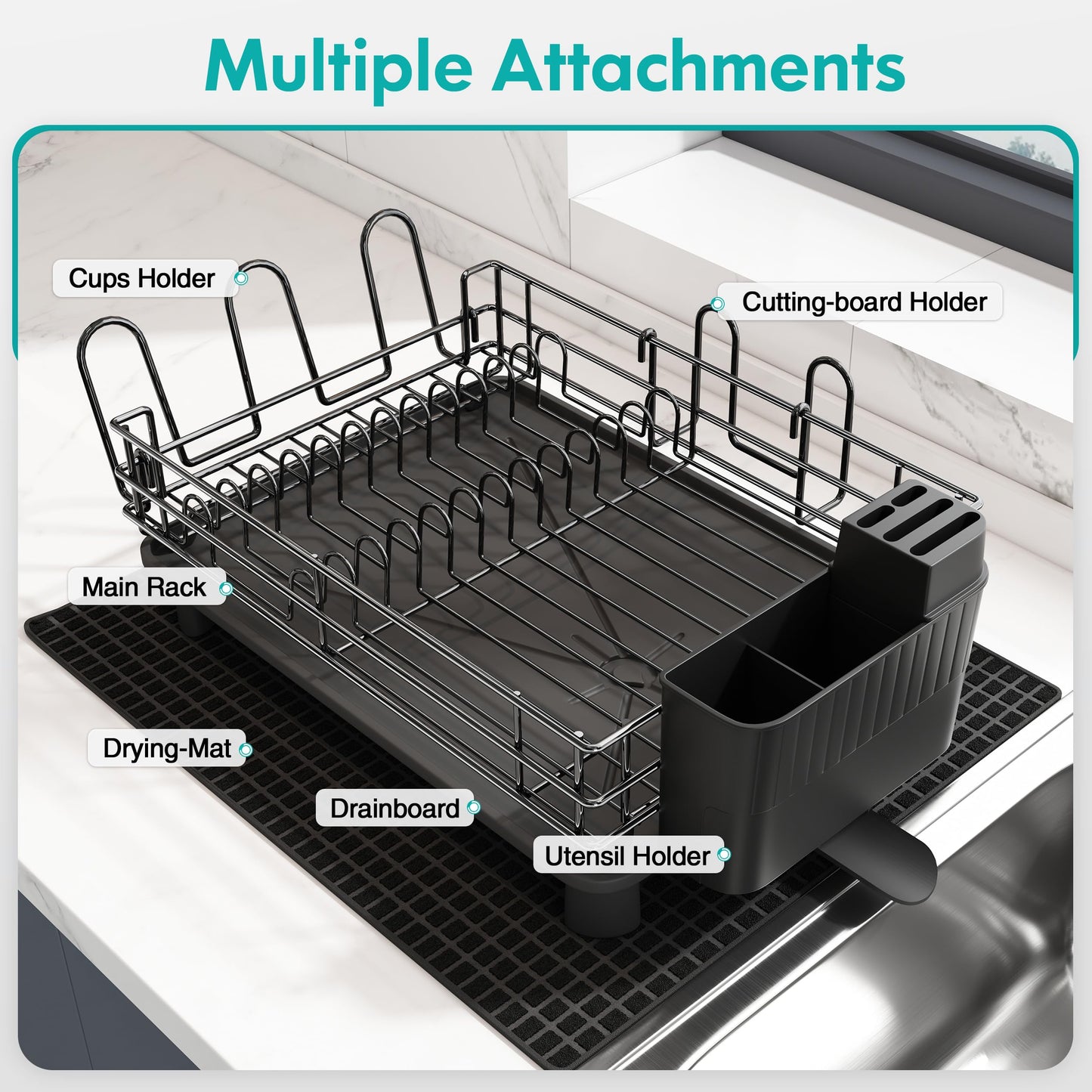 MAJALiS Dish Drainer Rack, Large Dish Drainer for Kitchen Counter, Stainless Steel Dish Rack with Utensil Holder and Dryer Mat, Kitchen Sink Draining Board Rack (Black - One Tier) One Tier-black