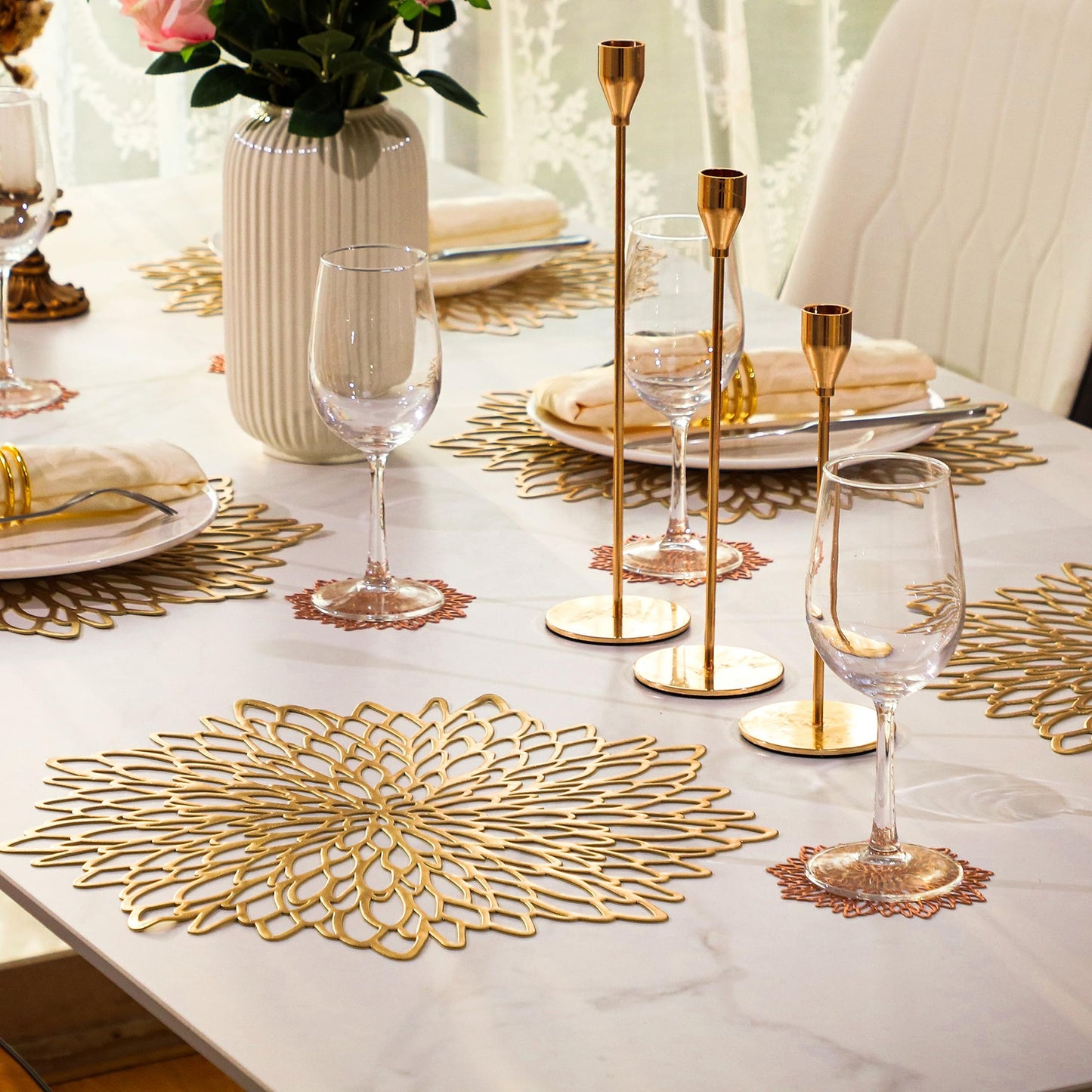 Sets of 12 Gold Metallic Placemats & Coasters 24 PCS Matching I Laminated Vinyl Round Leaf Dinning Table Mats Decorative Festival Christmas Thanksgiving Party Wedding By Snowkingdom