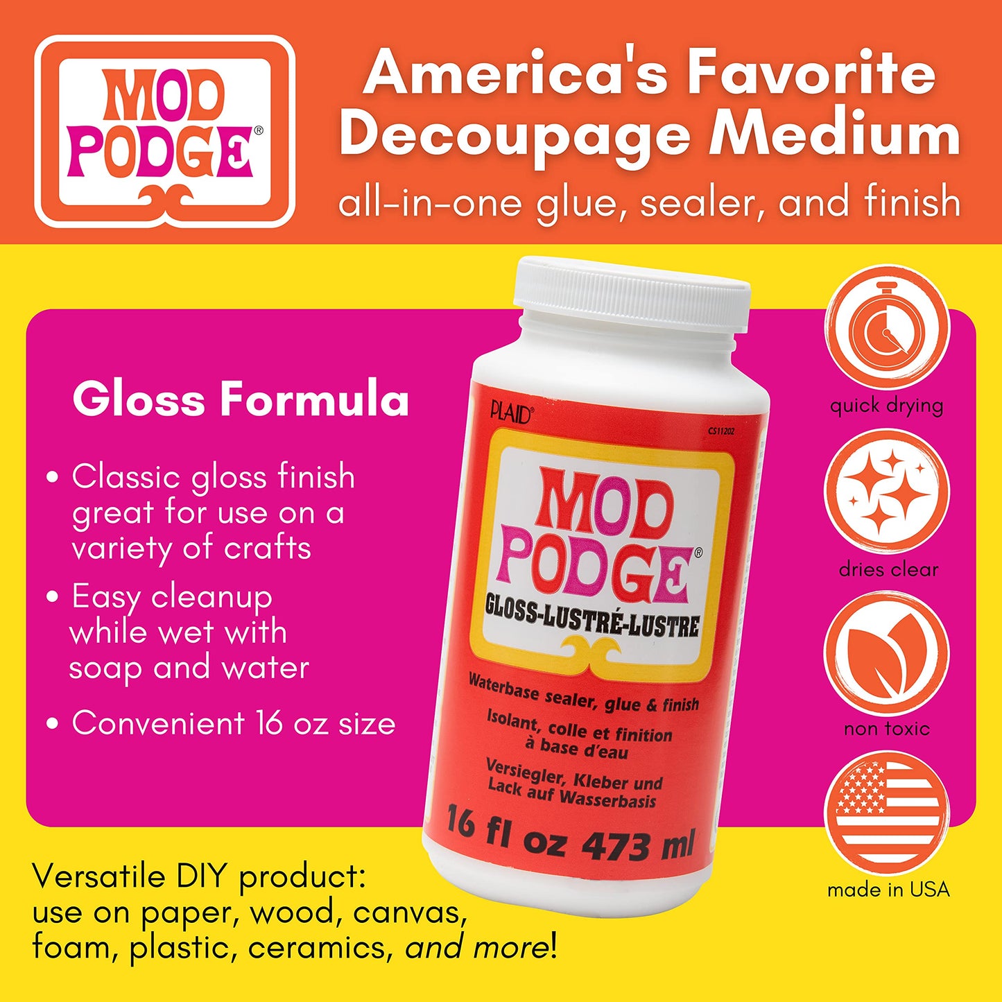 Mod Podge CS11202 Gloss Waterbase Sealer, Glue and Finish,16 oz 16 oz Single