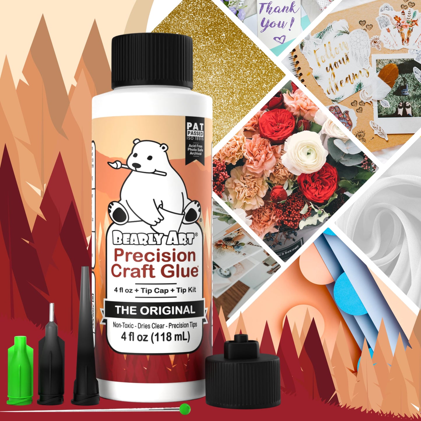 Bearly Art Precision Craft Glue - The Original - 4fl oz - Tip Kit Included - Dries Clear - Metal Tip - Wrinkle Resistant - Flexible and Crack Resistant - Strong Hold Adhesive - Made in USA 4oz