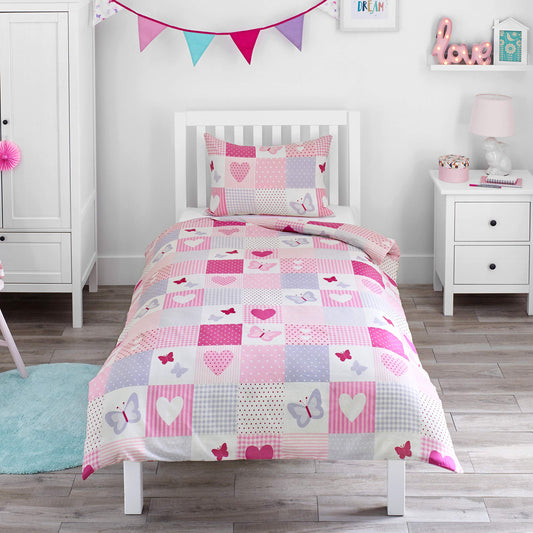 Bloomsbury Mill - Kids Single Bed Duvet Cover and Pillows Set for Girls - Hearts and Butterflies Pink Patchwork Kids Bedding - 135 x 200 cm Single Duvet Set